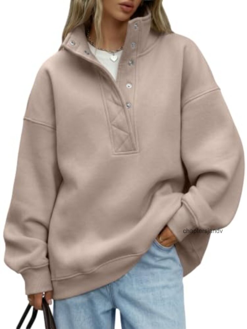 Oversized Snap Button Henley Collar Sweatshirt Pullover